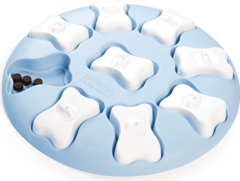 close up of blue outward hound puppy puzzle toy 