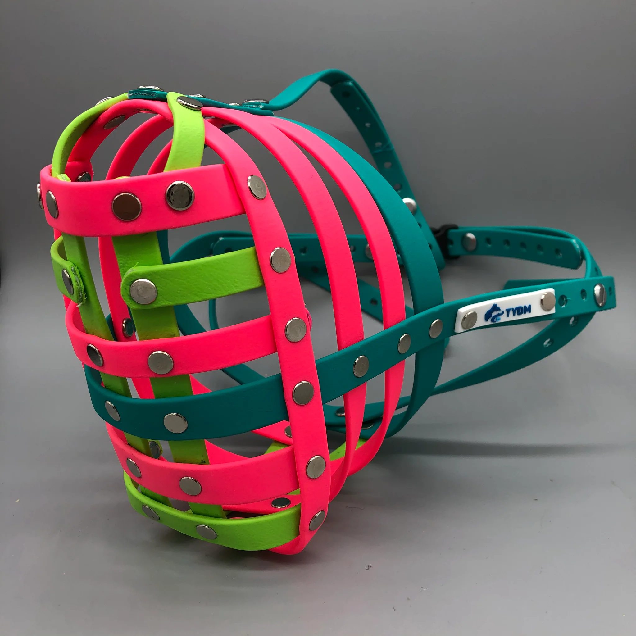 colorful pink, turquoise, yellow biothane muzzle by trust your dog