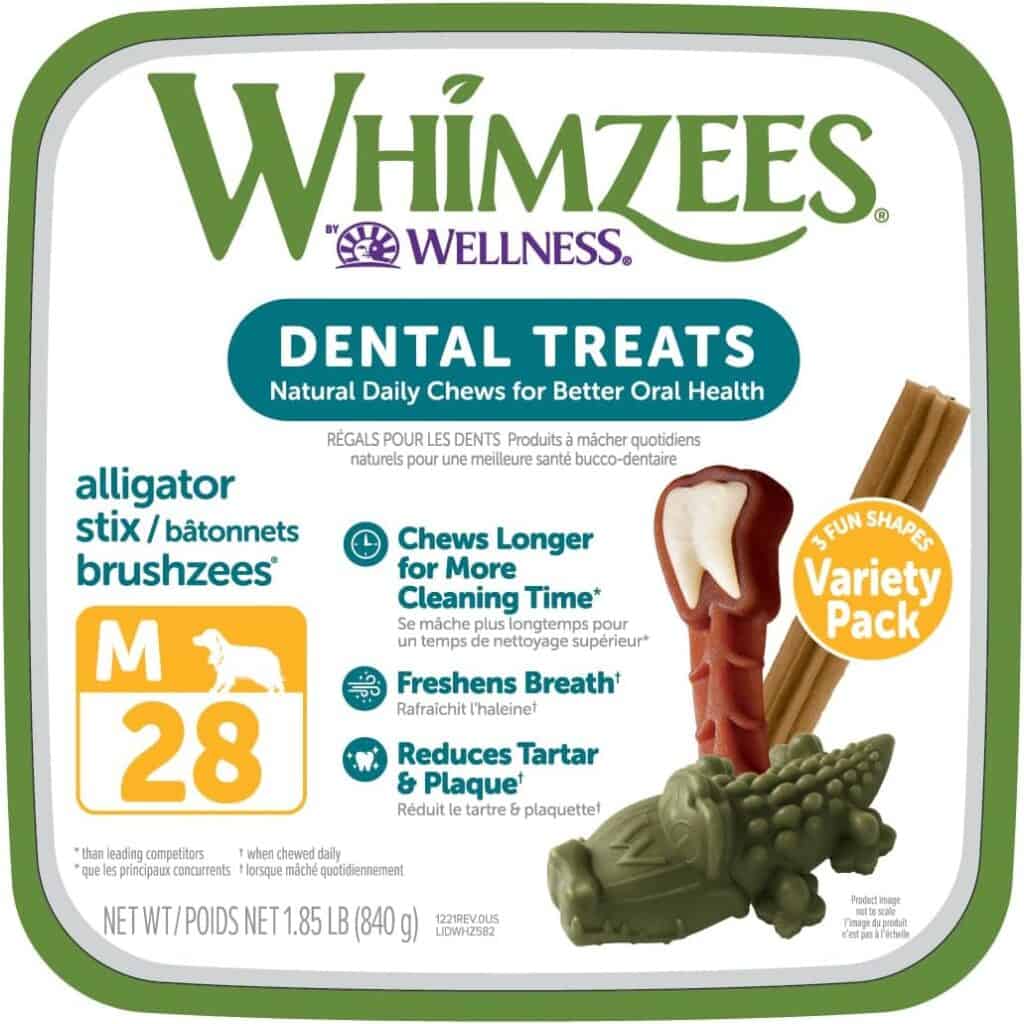 close up of whimzees variety pack dog dental chews, alligator chew