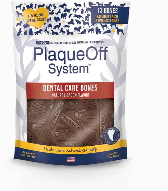 close up of plaque off bacon flavored dog dental bones