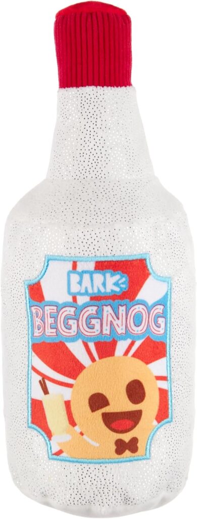 barkbox white beggnog squeaky crinkly plush dog toy with gingerbread on label