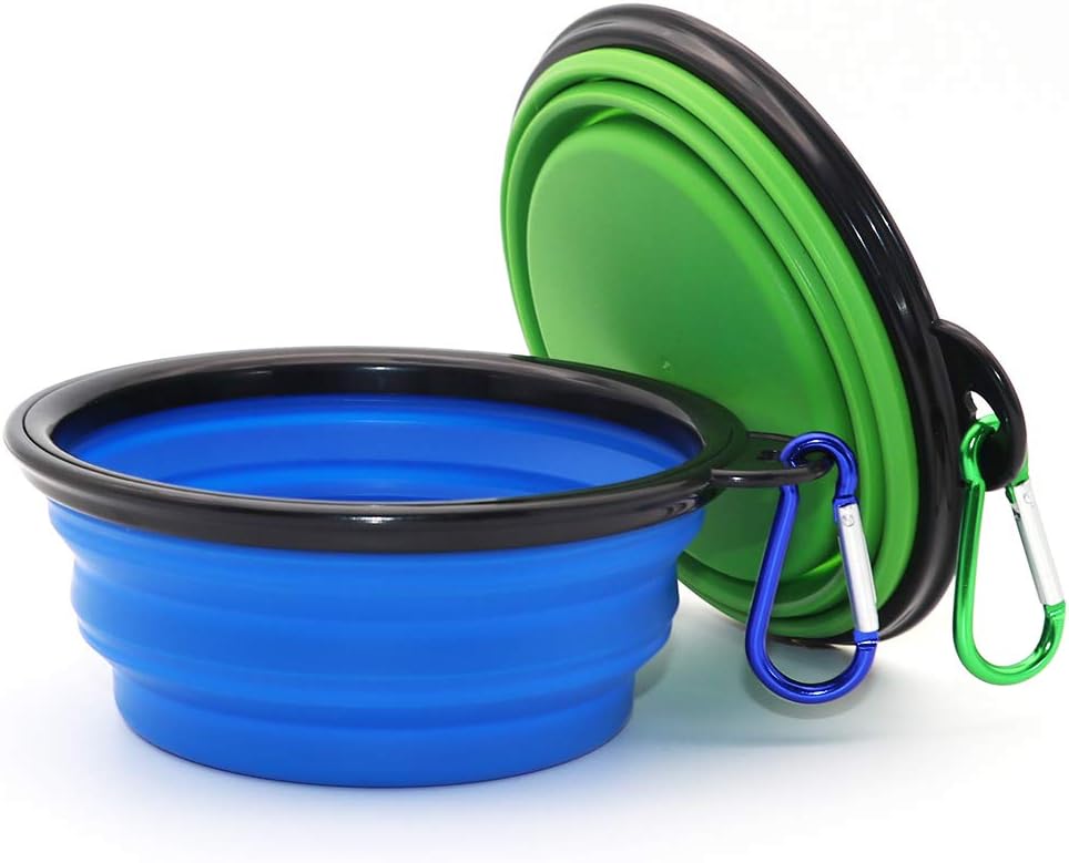 blue and green collapsible dog bowls