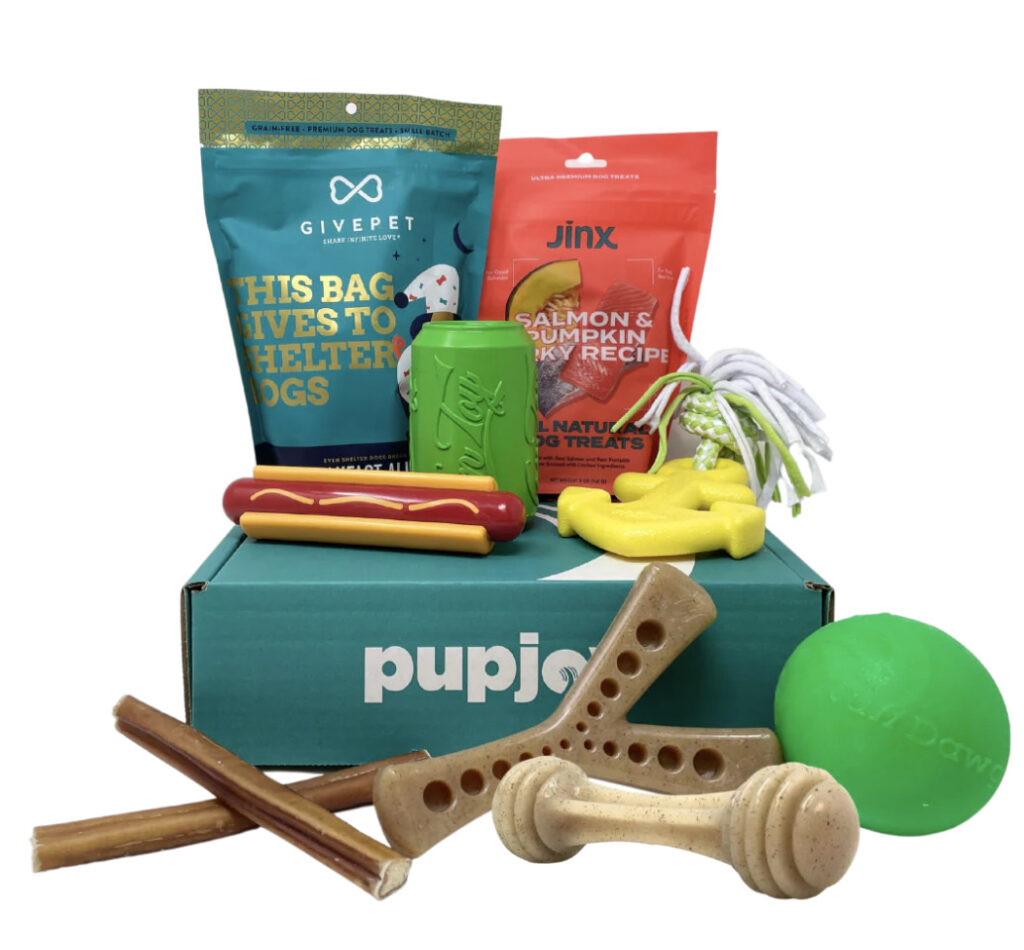 pupjoy box display with dog treats and chews