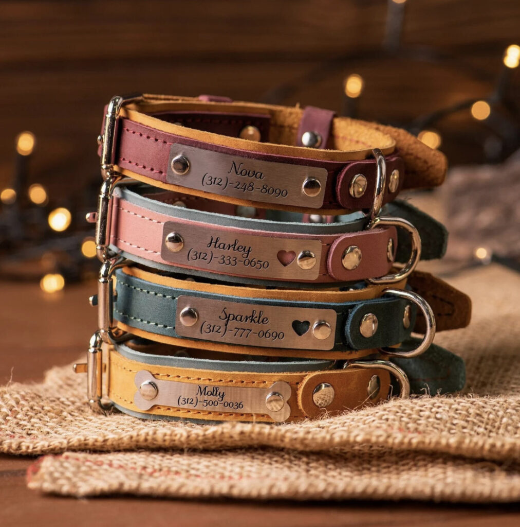 leather dog collars stacked on top of each other made by PenFiveCrafts on etsy