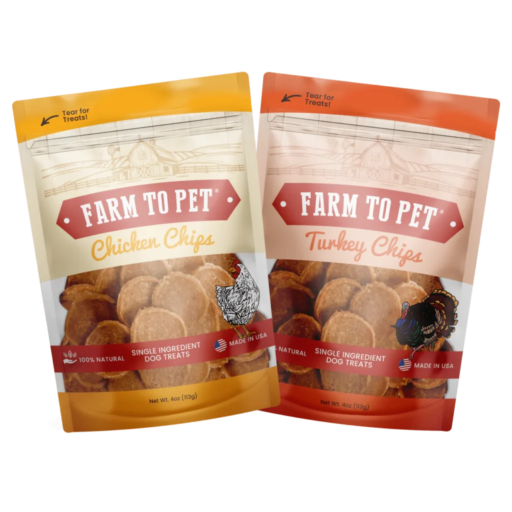 two bags of Farm to Pet Chicken and Turkey Chips treats