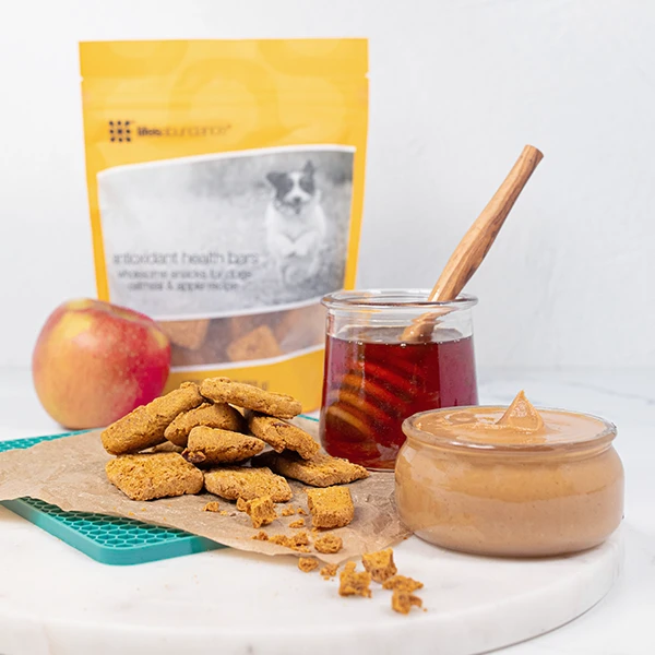 display of ingredients of Life's Abundance Antioxidant Health Bars, honey, peanut butter, apple, dog treats