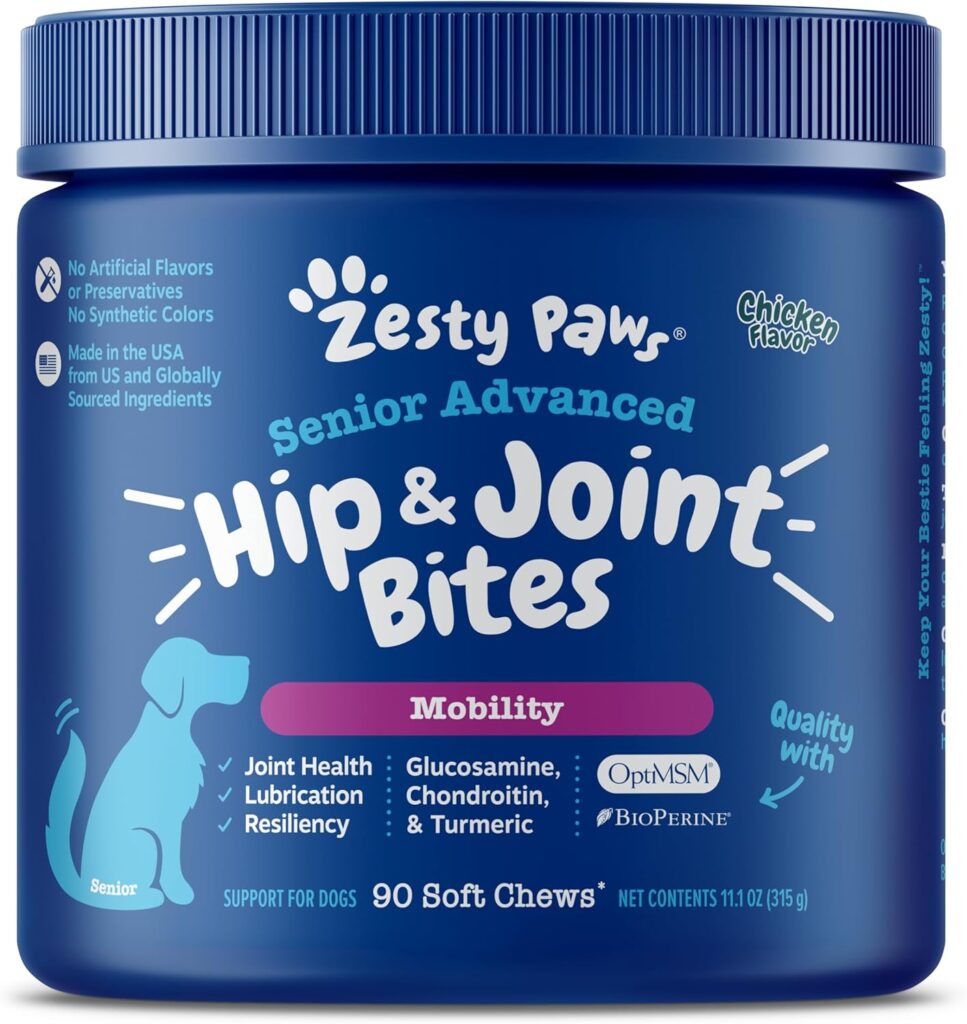blue container of zesty paws hip and joint bites for senior dogs